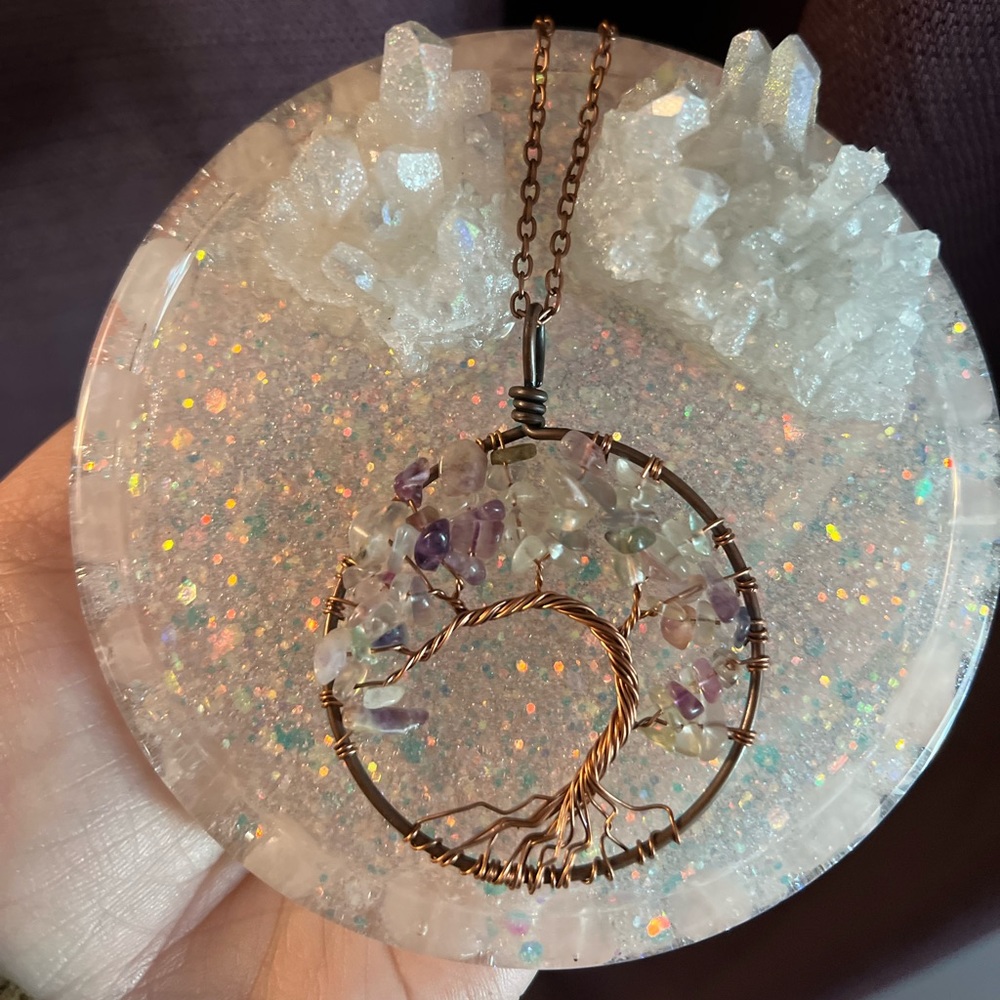 Rainbow Fluorite Bronze Tree Of Life Necklace